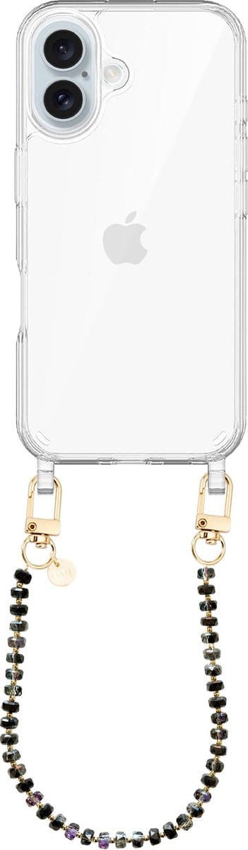 xoxo Wildhearts siliconen hoesje geschikt voor iPhone 16 Plus hoesje - Crystal (Zwart) - Telefoonhoesje - Hoesje met koord - Kristal ketting - Kristallen met gouden details - kort telefoonkoord - Transparant hoesje