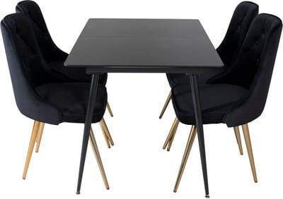 SilarBLExt eethoek eetkamertafel uitschuifbare tafel lengte cm 120 / 160 zwart en 4 Velvet Deluxe eetkamerstal velours zwart, messing decor.