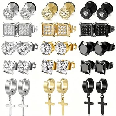 15 paar Zwarte, goudkleurige en zilverkleurige oorbellen set voor heren – oorringen en oorstekers met steen en kruis hanger – moderne metalen oorbellen set in diverse stijlen