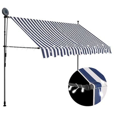 vidaXL - Luifel - handmatig - uitschuifbaar - met - LED - 250 - cm - blauw - en - wit