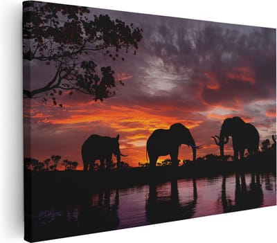 Artaza Canvas Schilderij Zonsondergang - 30x20 cm - Klein - Wanddecoratie Olifant - Muurdecoratie Afrikaans - Kamer Accessoires