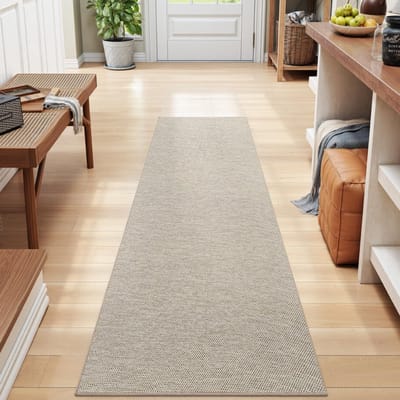 Famanu – Vloerkleed 43 x 150 cm extra lange antislip vuilvangmat keukentapijtloper met rubberen achterkant dunne en wasbare vloermat voor hal entree wasgoed beige