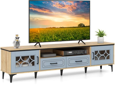 COSTWAY Tv-kast van bamboe, lowboard voor tv's tot 80 inch, tv-kast met 2 laden, 2 deuren en vak, televisietafel met metalen poten, tv-kast voor woonkamer (blauw)