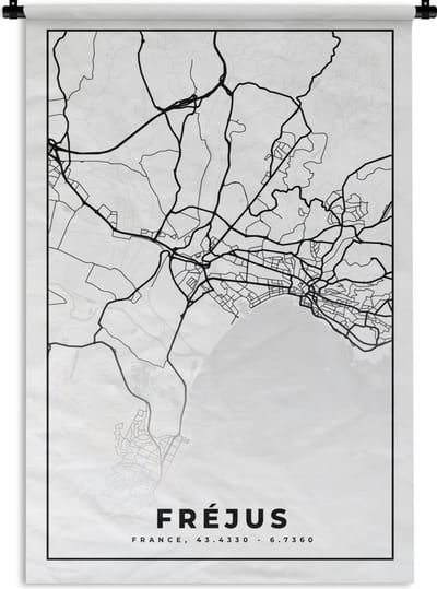 Wandkleed - Wanddoek - Frankrijk - Plattegrond - Fréjus - Stadskaart - Kaart - Zwart wit - 120x180 cm - Wandtapijt