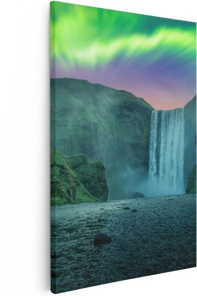 Artaza Canvas Schilderij Noorderlicht - 20x30 cm - Klein - Wanddecoratie Waterval - Muurdecoratie Bergen - Schilderijen Op Canvas