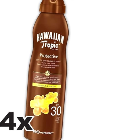 Hawaiian Tropic - Zonnebrand - Island Glow Dry Oil Continuous Spray SPF 30 - Hydraterend & Beschermend - 177 ml - Voordeelverpakking - 4 stuks