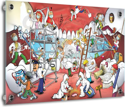 Tandarts Cartoon op plexiglas - Uniek ontwerp - Roland Hols - Tandwerkzaamheden - 30 x 40 cm - 5 mm dik - inclusief 4 afstandhouders chroom (zilverkleurig) - Decoratie - Orthodontist - Mondhygiënist