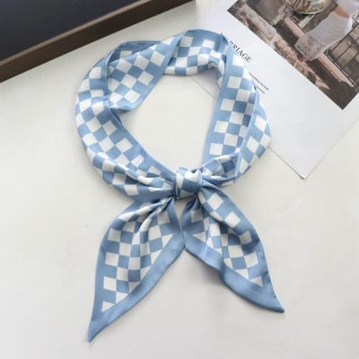 Lente/Zomer Schakakbord Print Lint Blouse Met Bijpassende Sjaal Voor Dames Klassieke Dunne Neckerchief Decoratieve Imitatie Zijde Hoofdband gray