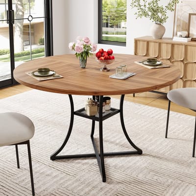 Eettafel - Eettafel Rond - Keukentafel - Met opbergruimte - IJzeren tafelpoten - Stevig en duurzaam - 100x100x75 cm - Geschikt voor 4–6 personen - Modern Eettafel - Notenkleur