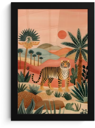 Poster in lijst - Fotolijst 20x30 cm - Posters - Tijger - Kleurrijk - Palmen - Cactus - Posterlijst zwart - Decoratie - Wanddecoratie woonkamer - Muurdecoratie slaapkamer