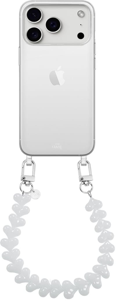 xoxo Wildhearts siliconen hoesje geschikt voor iPhone 17 Pro Max hoesje - Funky Hearts - Telefoonhoesje - Hoesje met koord - Wit koord - kort telefoonkoord - Hartjes ketting - Transparant hoesje