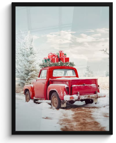 Poster in lijst - Fotolijst 50x70 cm - Posters - Auto - Rood - Cadeaus - Winter - Sneeuw - Kerst - Posterlijst zwart - Decoratie - Wanddecoratie woonkamer - Muurdecoratie slaapkamer - Kerstversiering - Kerstdecoratie voor binnen - Kerstmis