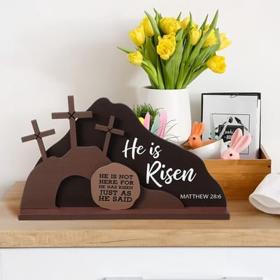 VANDAAG VERZONDEN - Decoratie Goede Vrijdag Pasen - houten decoratie - Jezus - Christelijk - Bijbelstudie - He is Risen - Golgotha Graflegging Hout