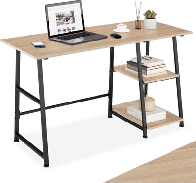 tectake® Bureau met 2 planken - Bureautafel - Computerbureau - Houten bureaublad - Industrieel design - Zwart metalen frame - Afmetingen (LxBxH) 120 x 50 x 73,5 cm - Lichtbruin
