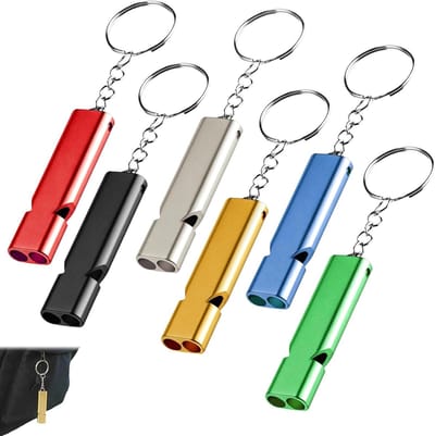 Set van 6 RVS Noodfluitjes – Hoge Decibel Overlevingsfluit met Sleutelhanger voor Buitenactiviteiten, Kamperen, Wandelen en Fietsen