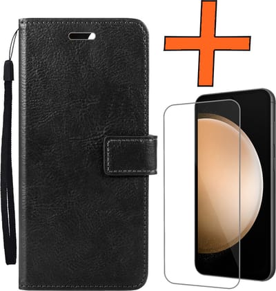 Hoes - Met Screenprotector - Geschikt voor Samsung Galaxy S23 FE - Luxe Pasjeshouder - Bookcase Portemonee - Flip Case - Kunstleer Book Case - Flipcase - Book Cover - Walletcase - PortemonneeHoes - Zwart