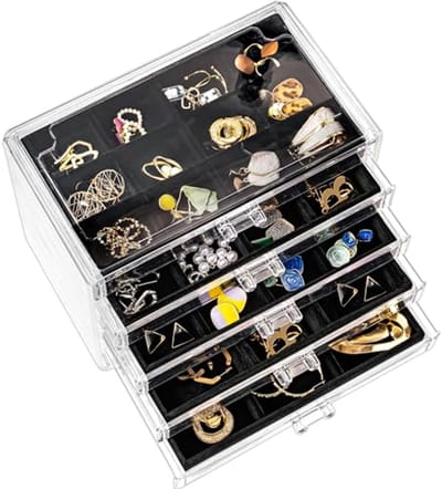 Earring Holder Organizer Jewelry Box met 5 Lades - Acryl en Verstelbare Velvet Tassen voor Dames - Zwart