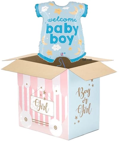 Ballonnen doos Gender reveal met folieballon rompertje jongentje.