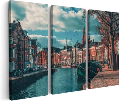 Artaza Canvas Schilderij Drieluik Gracht in Groningen - 180x120 - Groot - Foto Op Canvas - Canvas Print