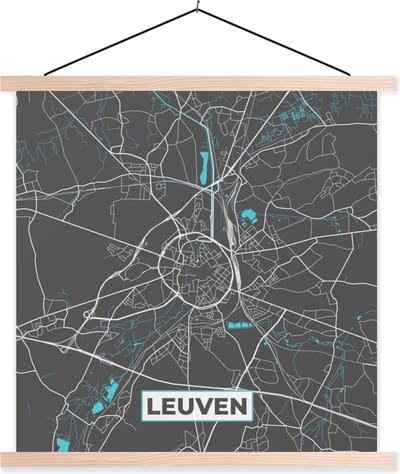 Posterhanger incl. Poster 40x40 cm - Schoolplaat - België – Leuven – Stadskaart – Kaart – Blauw – Plattegrond - Textielposter - Blanke latten - Stadskaart