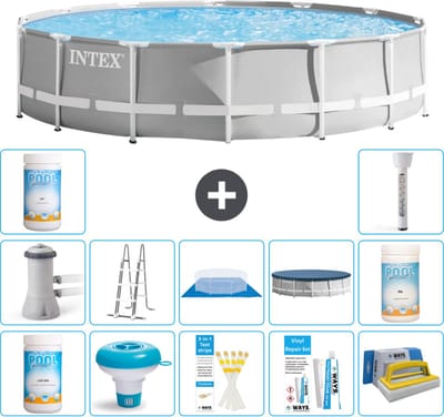 Intex Rond Prism Frame Zwembad - 427 x 107 cm - Grijs - Inclusief Pomp - Ladder - Grondzeil - Afdekzeil Chloor - Chloordrijver - Testrips - Reparatiesetje - Scrubborstel - PH-waarde - PH-waarde - Thermometer