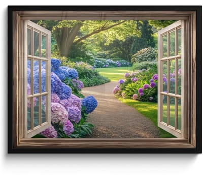 Poster in lijst - Fotolijst 70x50 cm - Posters - Doorkijk - Tuin - Raam - Hortensia - Bloemen - Posterlijst zwart - Decoratie - Wanddecoratie woonkamer - Muurdecoratie slaapkamer