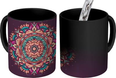Magische Mok - Foto op Warmte Mokken - Koffiemok - Mandala - Bloemen - Hippie - Boho - Oranje - Magic Mok - Beker - 350 ML - Theemok