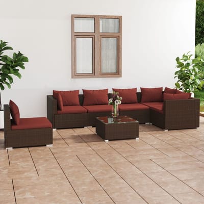 vidaXL - 7-delige - Loungeset - met - kussens - poly - rattan - bruin