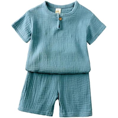 Vêtements pour enfants en coton et lin Tenue pour filles Ensemble d'été pour garçons Hauts à manches courtes et shorts de couleur unie Vêtements pour enfants 2-7 ans 4T bleu ciel