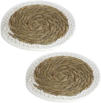 Pannenonderzetter - Set van 4x stuks - zeegras - rond - 20x20 cm - naturel/wit - stevig - decoratief