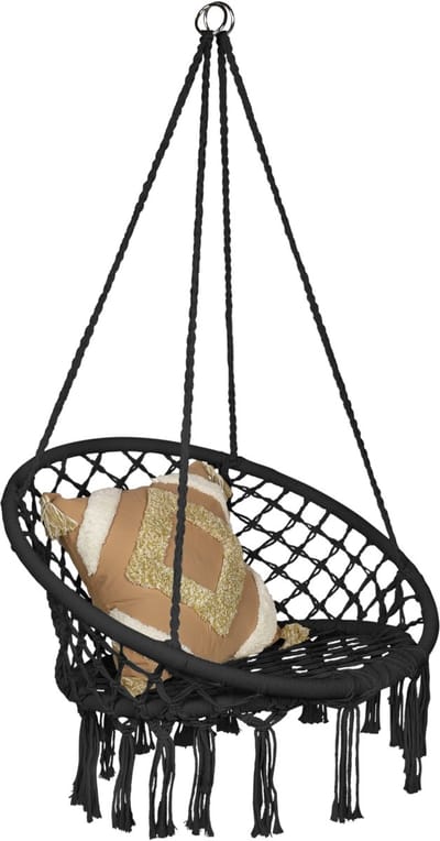 QUVIO Hangstoel voor buiten - Touw met houten stang - 68 x 80 x 115 cm - Max. 150 kg - Voor binnen en tuin - Exclusief kussen - Zwart