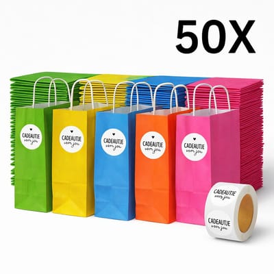 50 kleine papieren cadeautasjes groen geel blauw roos rood mix II verschillende kleuren 18x8x22 cm + stickers Cadeautje voor jou draagtassen Kraftpapier Met gedraaid handgrepen - Kraft Tasjes Met Handvat - Zakjes