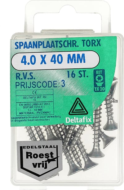 Deltafix spaanplaatschroef platkop / torx r.v.s. a2 4.0 x 40 mm 16 st.