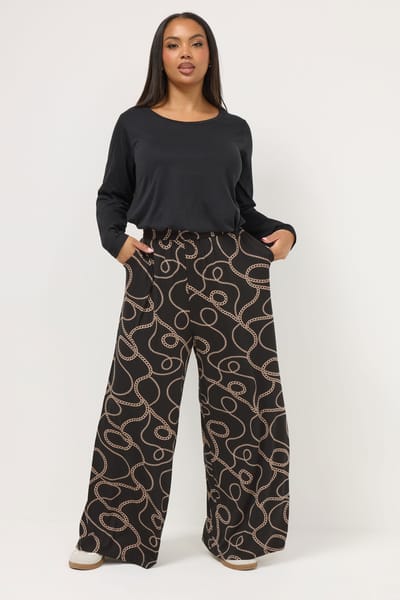 Yours Zwarte Broek Met Kettingprint En Wijde Pijpen Size 44