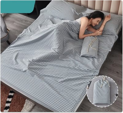 Slaapzak Liner - Reislaken Katoen - Comfortabel Slapen - Ademend Gewassen Katoen - 80x210cm - Blauw Geruit