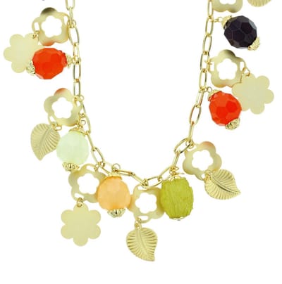 Behave - Lange goudkleurige ketting met bloemen en multicolor kralen