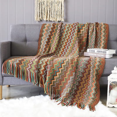 Gebreide deken met kwastjes en pied-de-poule Boheems ruitpatroon, zachte behaaglijke geweven sofa sierdekens, warme fauteuil hoes, decoratieve deken voor bank en bed 230 x 130 cm
