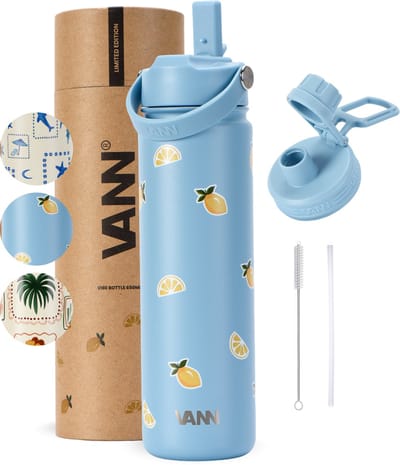 VANN® RVS Drinkfles 650 ML met rietje voor volwassenen – 3-Wandig – Met 2 doppen – Thermosfles – 12 uur warm/24 uur koud – VANN Vibe Botte Lemon