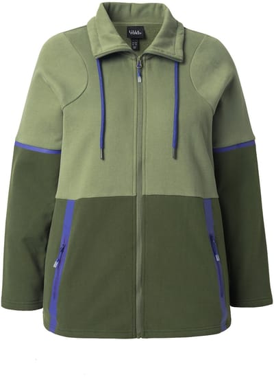 Ulla Popken - Dames - sweatjack tweekleurig opstaande kraag ritszakken - Olijfgroen - Maat 42+