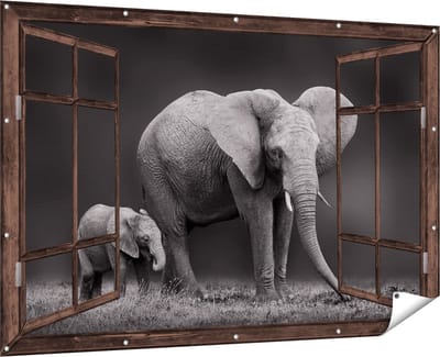 Gards Tuinposter Doorkijk Olifant Moeder en Zoon - Zwart Wit - 180x120 cm - Tuindoek - Tuindecoratie - Wanddecoratie buiten - Tuinschilderij
