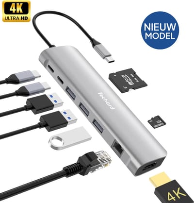 Techard USB-C-Hub 9-in-1 Docking Station USB Splitter Laptop - 4K HDMI - USB-A - USB-C 100W - Ethernet - (Micro) SD - 2026 Model