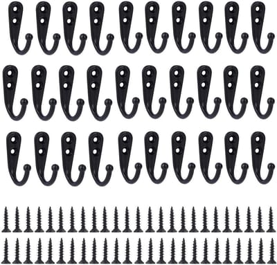 Zwarte metalen wandhaken - Set van 30 stuks met schroeven | Kapstokhaken voor kleding, mokken, en handdoeken