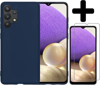 Hoesje - Met Screenprotector - Geschikt voor Samsung Galaxy A32 4G - Sterk & Shockproof - Back Cover - Siliconen Case - Telefoon Hoes - Telefoonhoesjes - Donkerblauw