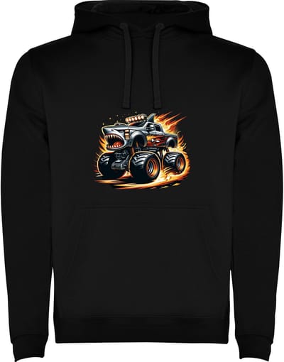 Zwarte hoodie Kleurrijke Must Have Stoere Monstertruck met HAAI details in Geel en Oranje Humor Maat M