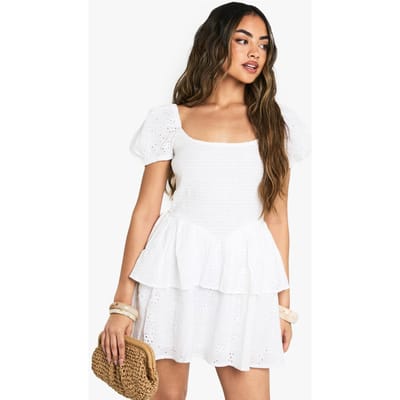boohoo Dames Broderie Anglaise Pufmouw Skaterjurk | Wit | Maat: 36