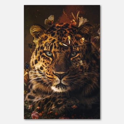 Poster op papier - 40 x 60 cm - Luipaard met vlinders en bloemen - PosterJunkie