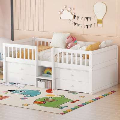MODFU Ledikant 90x200 cm – Halfhoog bed met 4 lades, veiligheidshekje en trap – Grenenhout en MDF – Wit