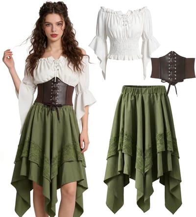 Dailygoods- Piratenkostuum Dames - Middeleeuwse Jurk - Gothic Outfit - Witte Blouse - Rok - Festivaloutfit voor Carnaval/Halloween - Middeleeuws Kostuum