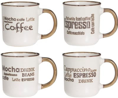 Excellent Houseware Koffiemokken set - 4x - bruin - 200 ml - mokken - met tekst - keramiek - giftset