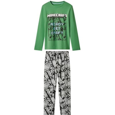 minecraft pyjama - Pyjama Kinderen - minecraft - groen/grijs - Maat 122/128 - katoen - lange mouw